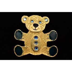 Newpro Vintage Teddy Bear Pin Brooch Blue Crystal Gold Tone Signed 1980s BinAH